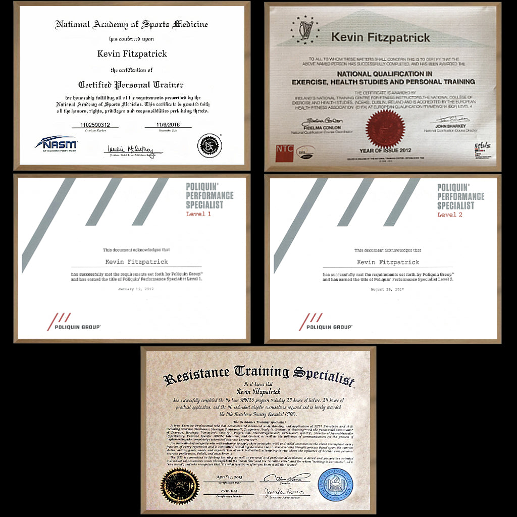 a display of online fitness coaching qualifications and certificates.