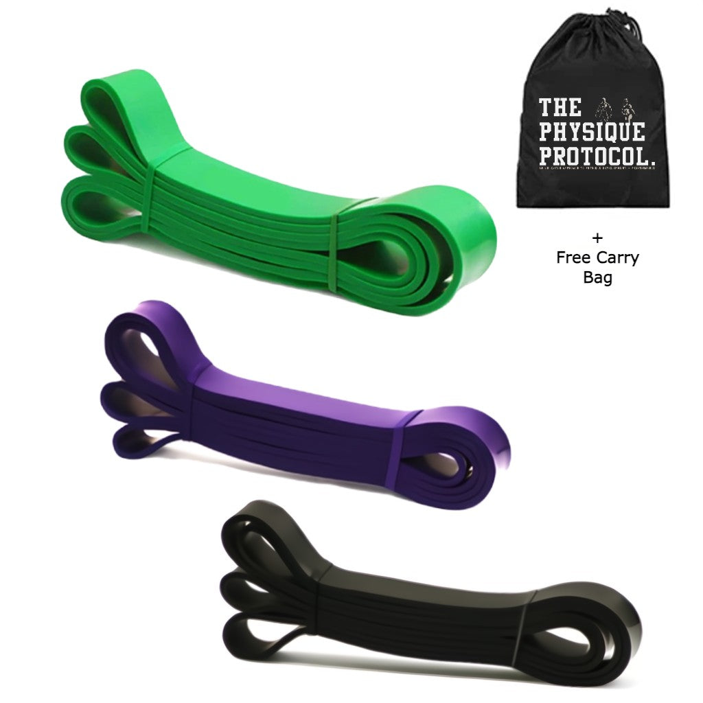 a collection of resistance bands that include a green, purple and black exercise band.