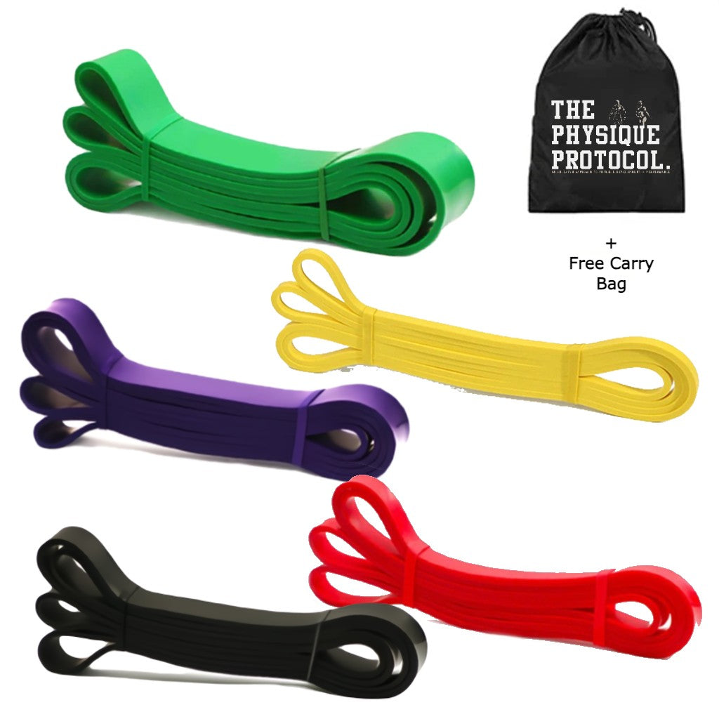 a collection of resistance bands that include a yellow, green, purple, red and black exercise band.