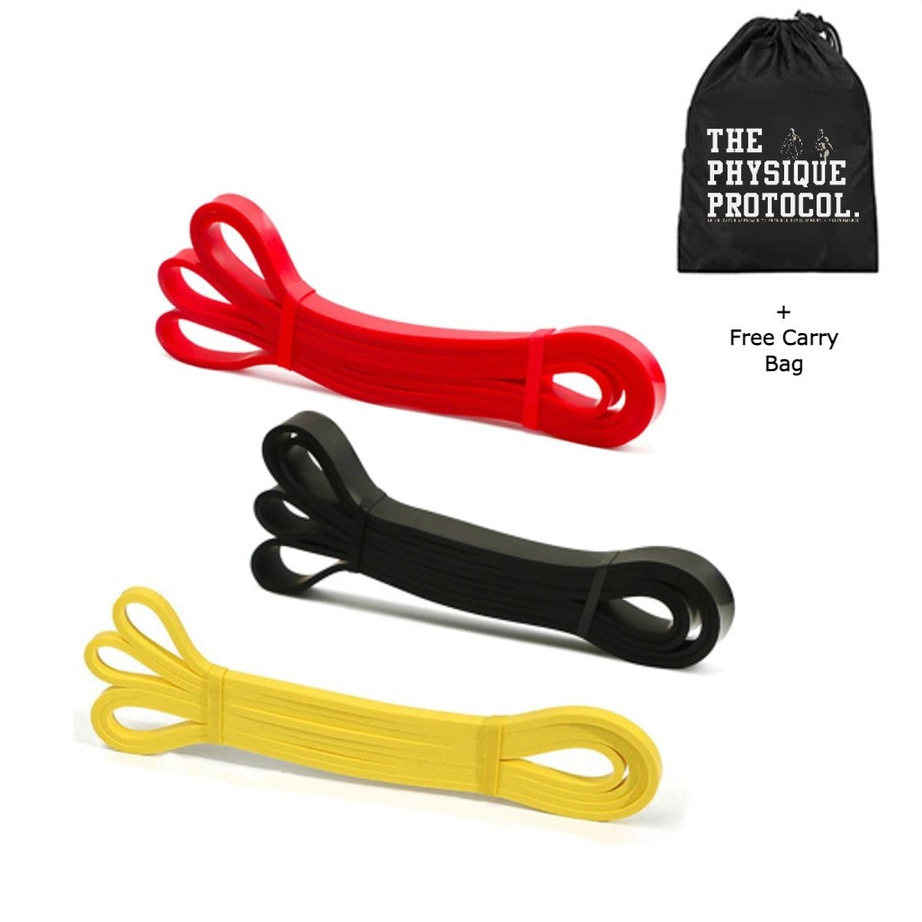 a resistance band set that includes a red, yellow and black exercise band.