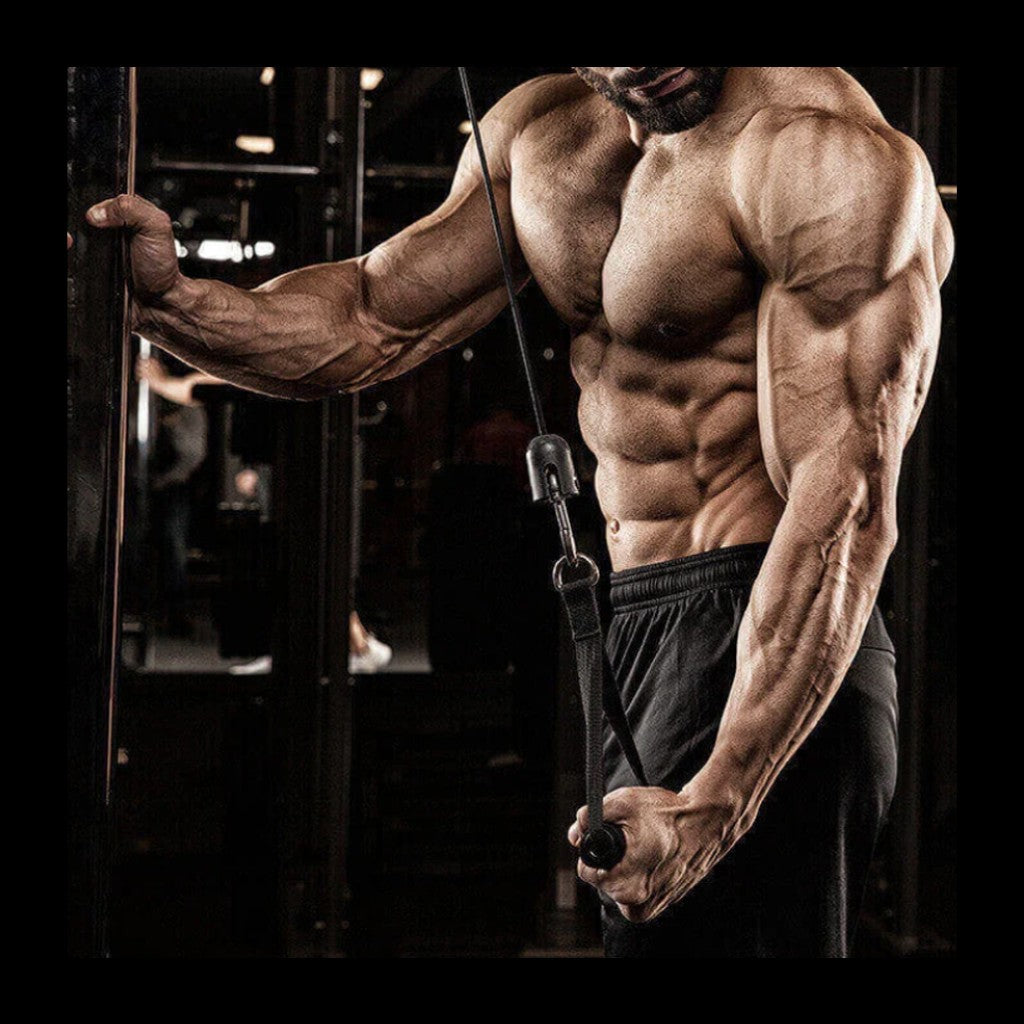 a lean and muscular male bodybuilder doing a one arm tricep cable pushdown.