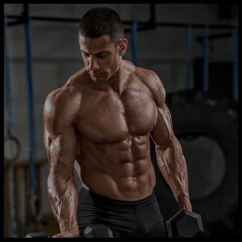 a very lean muscular man topless performing a dumbbell curl with his right arm 