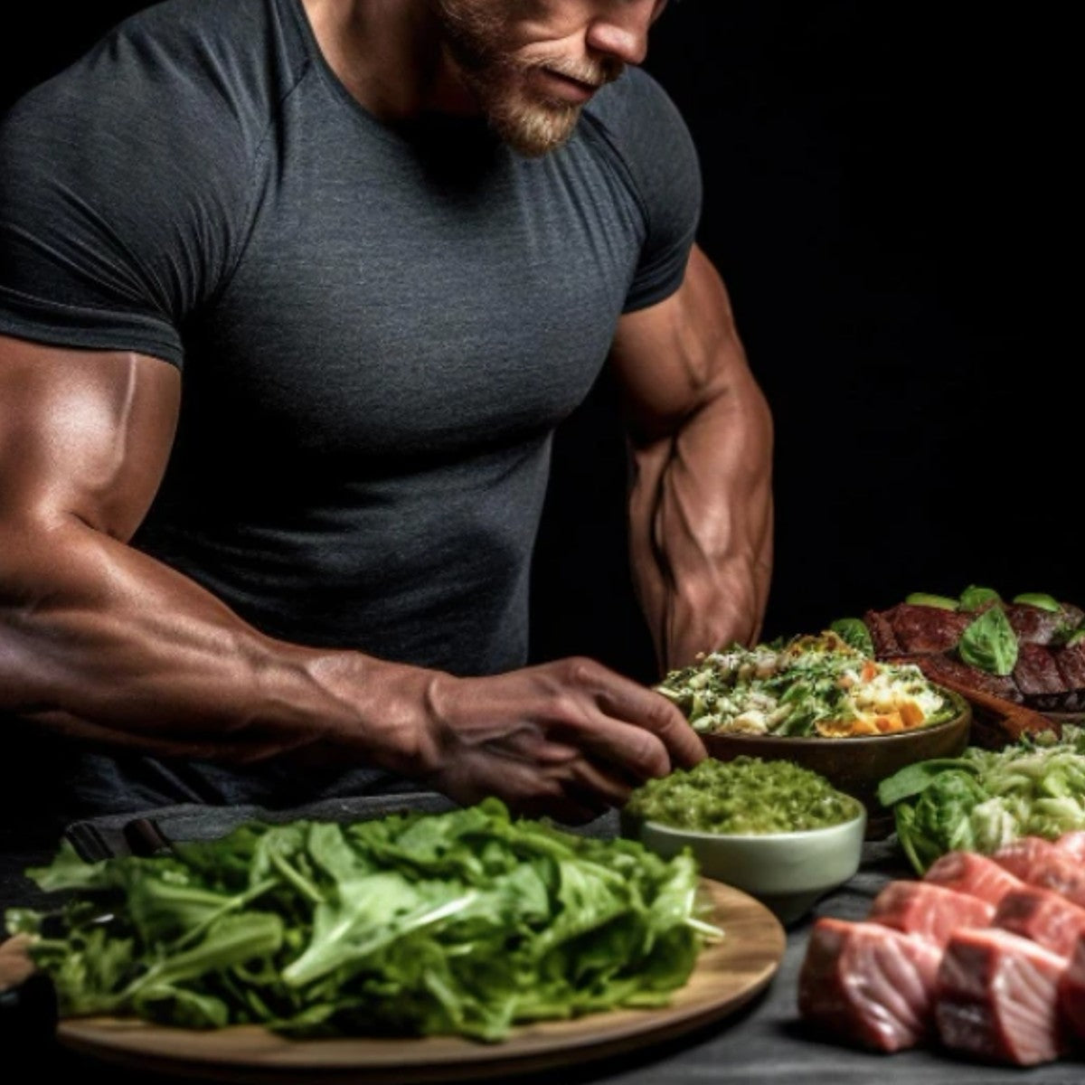a lean muscular man sitting down looking at healthy food portions in front of him.