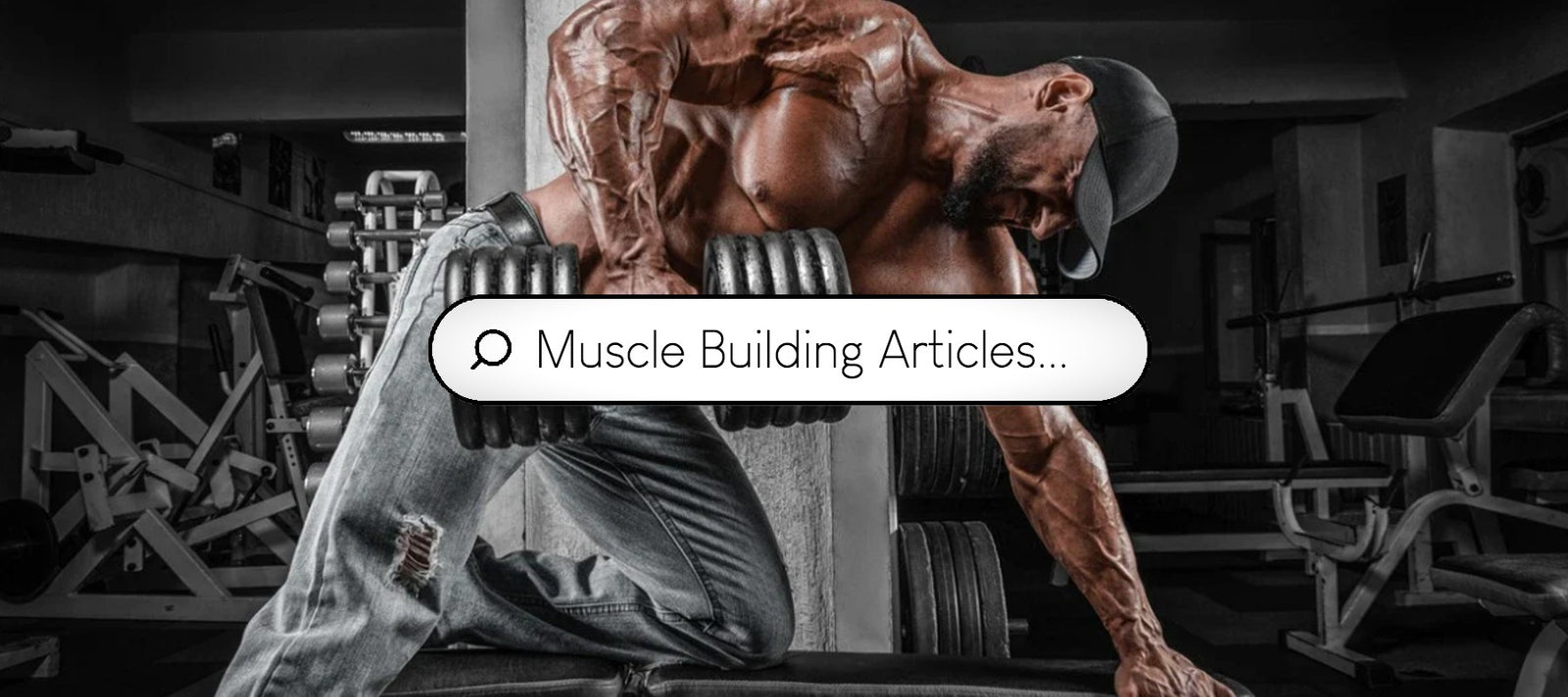 a strong male bodybuilder performing dumbbell rows on a bench wearing a hat.